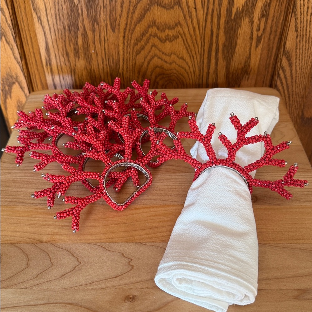 Pier 1 Red Coral Beaded Napkin Rings Set of 8 Coastal Nautical Beach House Ocean